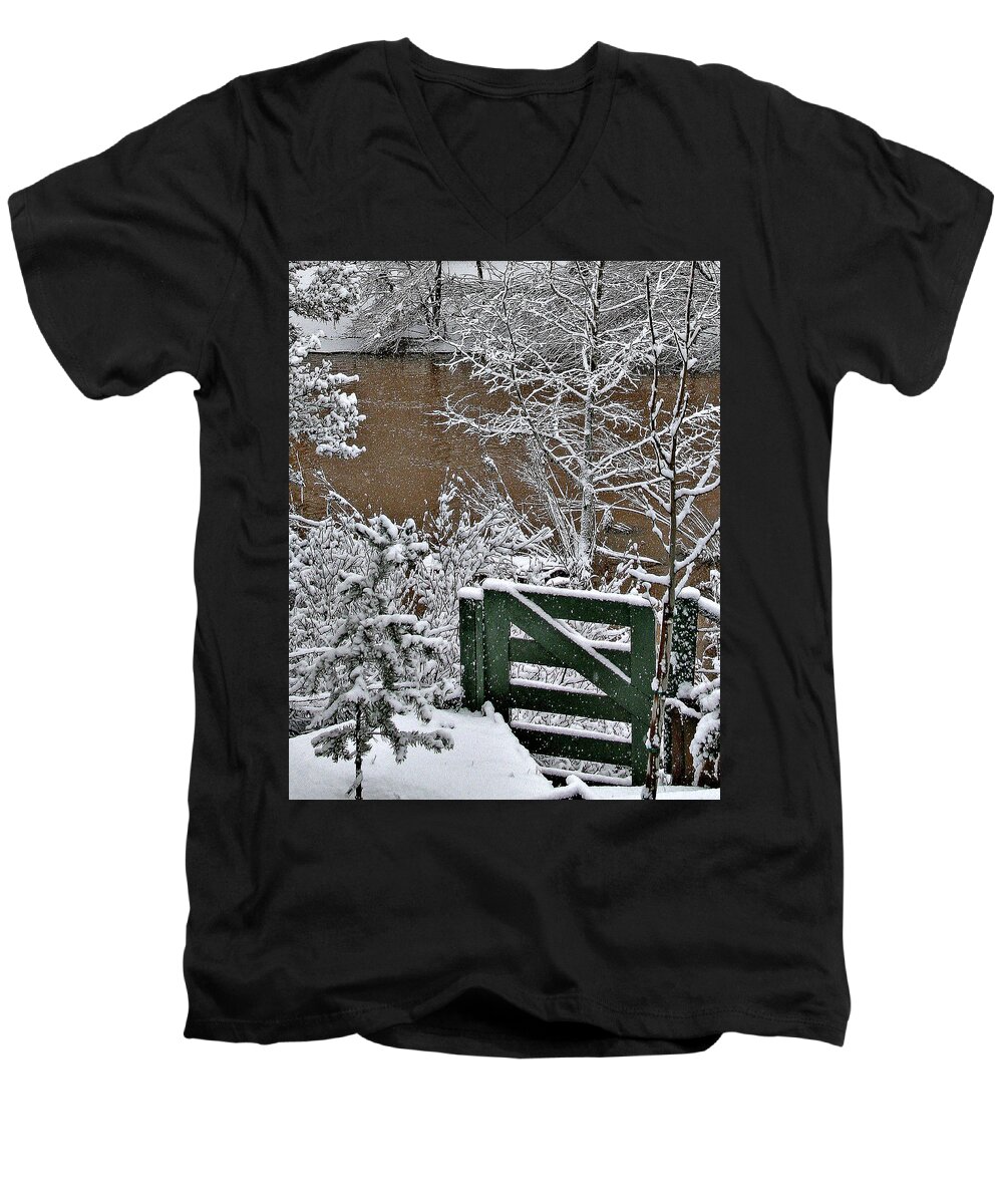  Men's V-Neck T-Shirt featuring the photograph Snowy River Gate by Matalyn Gardner