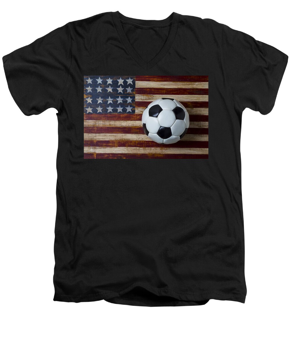 Soccer Men's V-Neck T-Shirt featuring the photograph Soccer ball and stars and stripes by Garry Gay