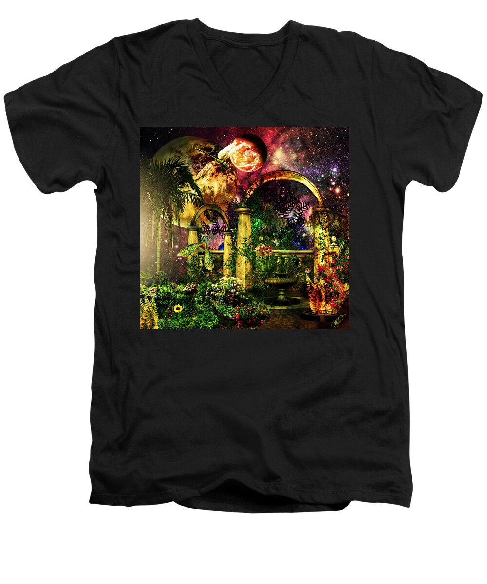 Space Garden Men's V-Neck T-Shirt featuring the mixed media Space Garden by Ally White