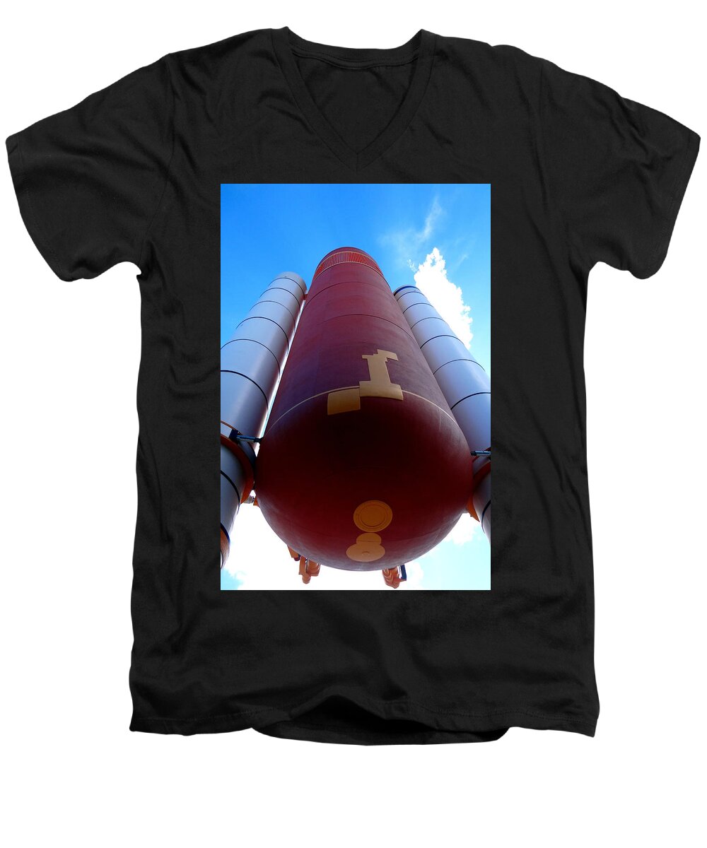 Nasa Men's V-Neck T-Shirt featuring the photograph Space Shuttle Fuel Tank and Boosters by Katy Hawk