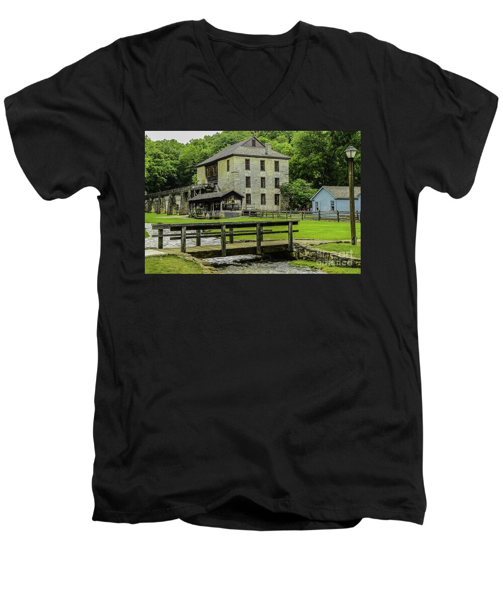 1800s Men's V-Neck T-Shirt featuring the photograph Spring Mill by Mary Carol Story