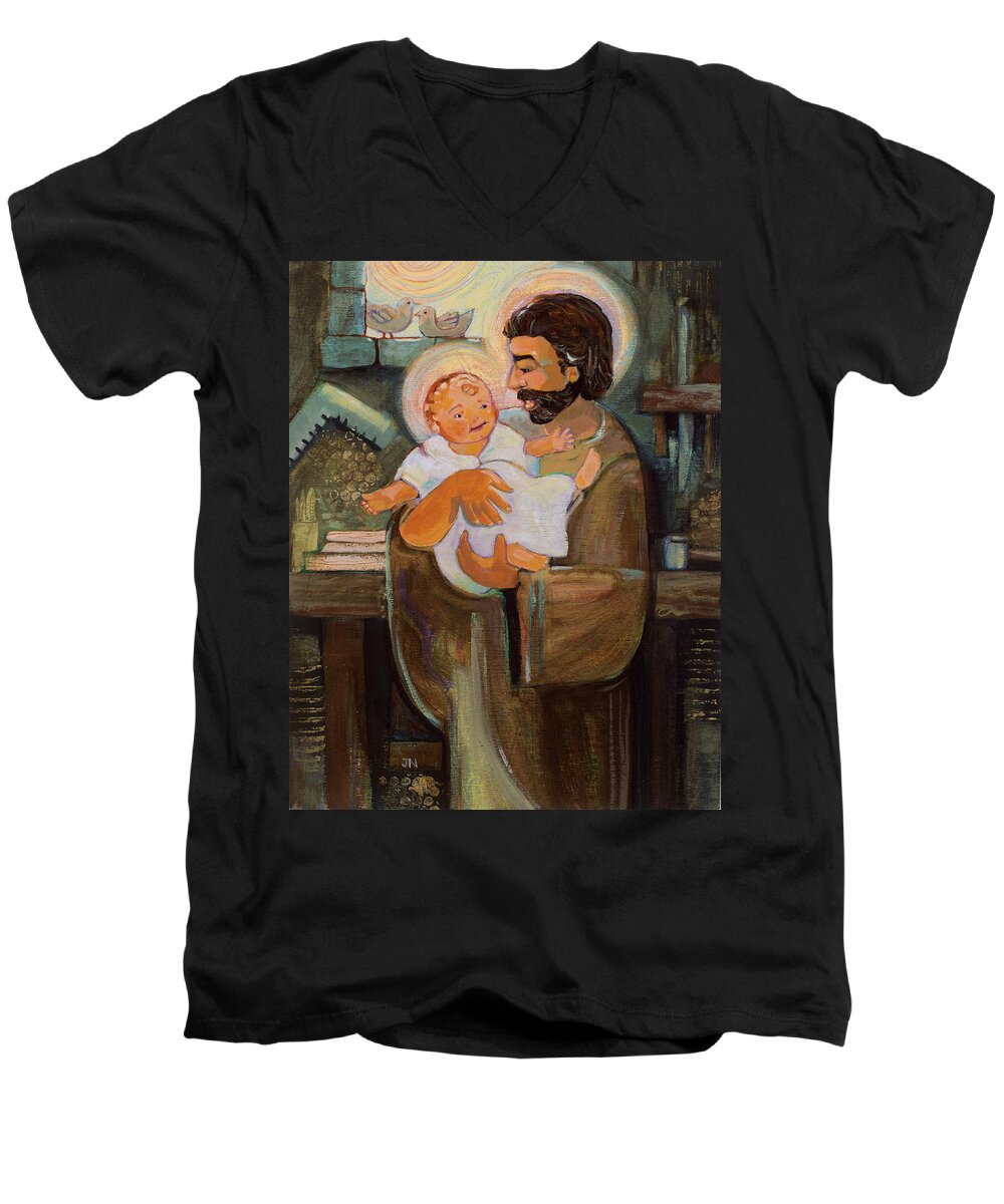Jen Norton Men's V-Neck T-Shirt featuring the painting St. Joseph and Baby Jesus by Jen Norton