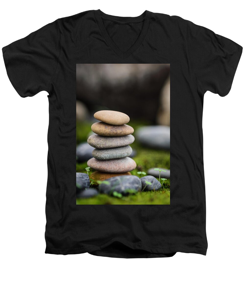 Peaceful Men's V-Neck T-Shirt featuring the photograph Stacked Stones B2 by Marco Oliveira