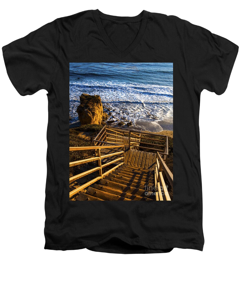 Steps To Blue Ocean Waves Photography Men's V-Neck T-Shirt featuring the photograph Steps To Blue Ocean And Rocky Beach by Jerry Cowart