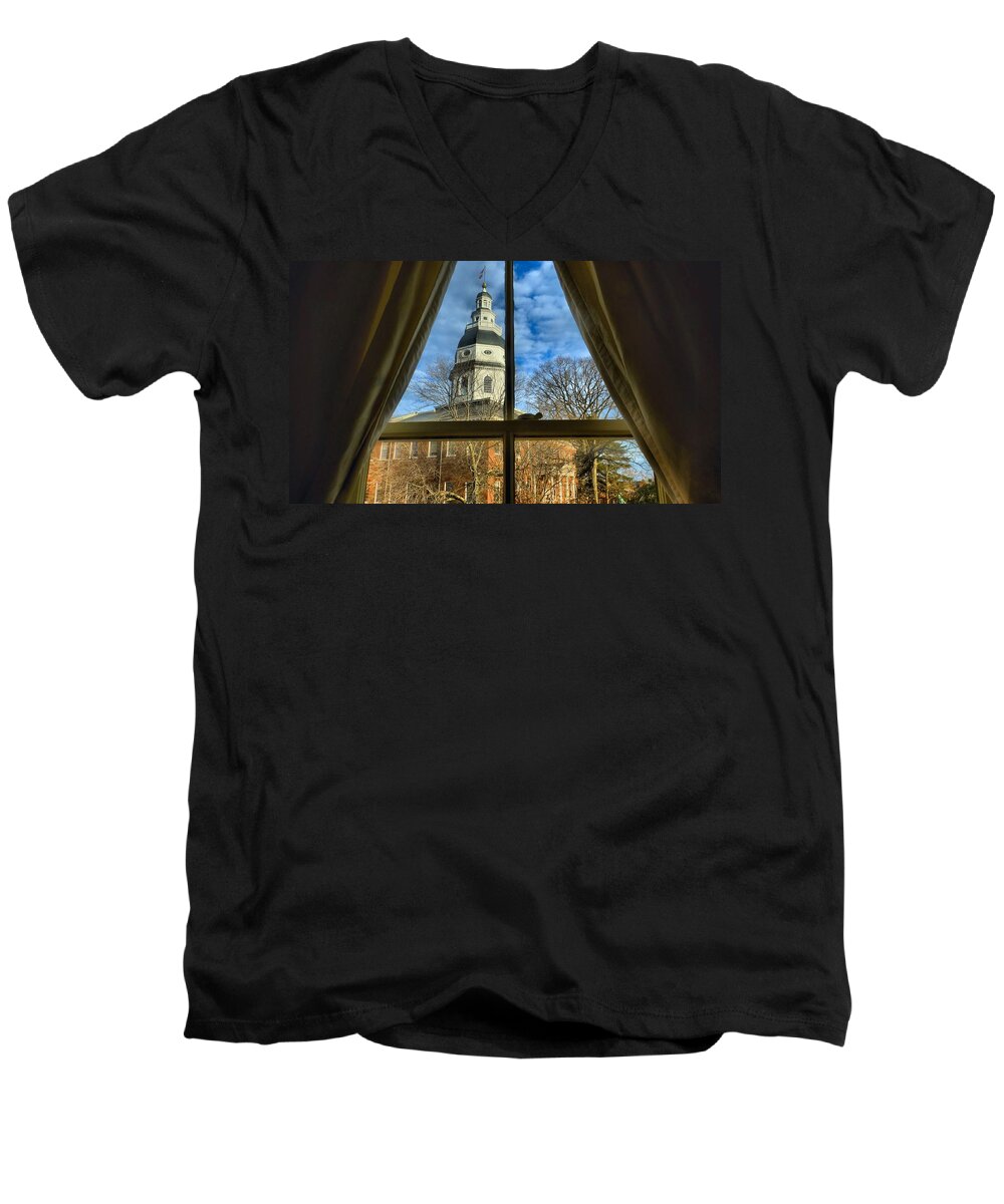 Annapolis Men's V-Neck T-Shirt featuring the photograph State House Annapolis Maryland by Jennifer Wheatley Wolf