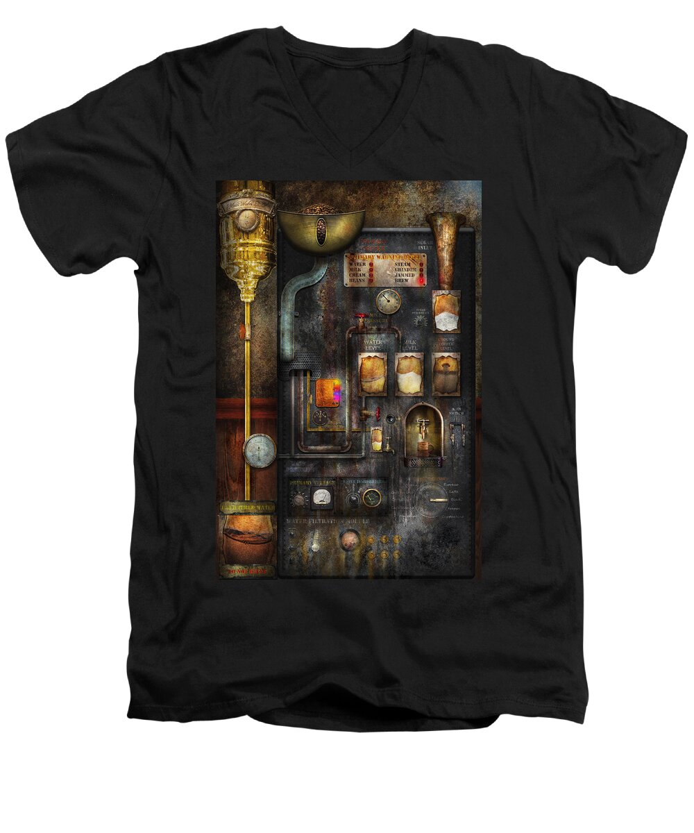 Steampunk Men's V-Neck T-Shirt featuring the digital art Steampunk - All that for a cup of coffee by Mike Savad
