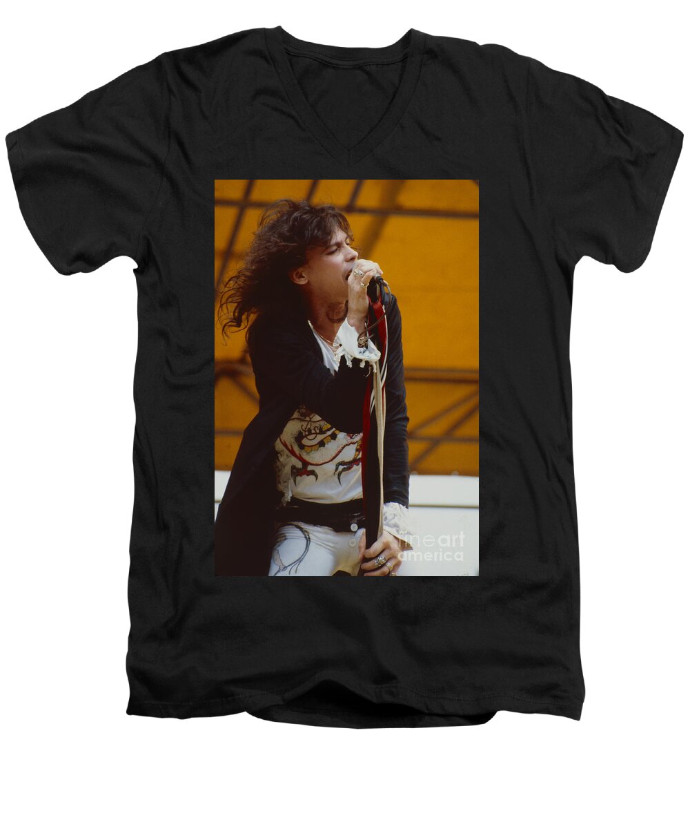 Steven Tyler Men's V-Neck T-Shirt featuring the photograph Steven Tyler of Aerosmith at Monsters of Rock in Oakland CA by Daniel Larsen