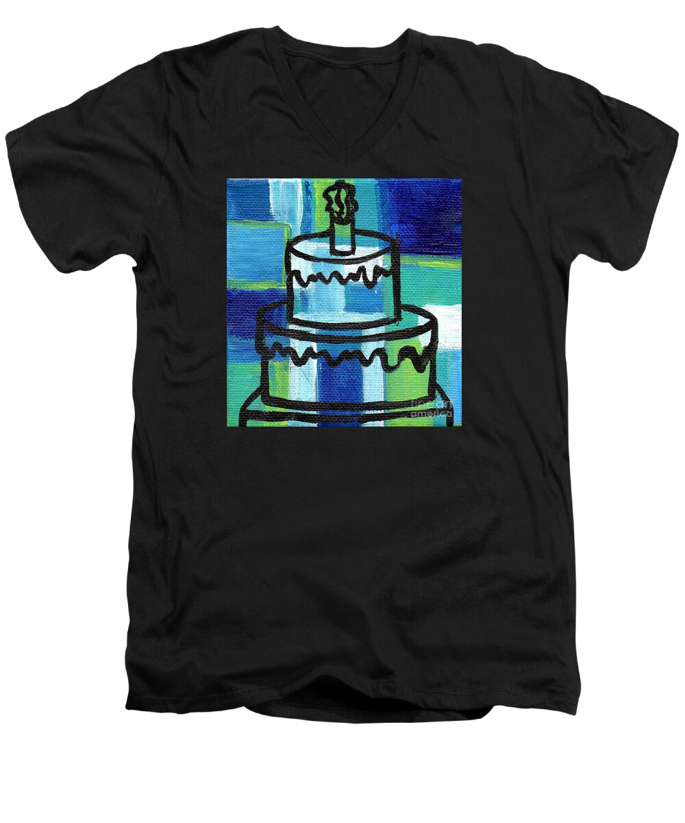 Stl250 Men's V-Neck T-Shirt featuring the painting STL250 Birthday Cake Blue and Green Small Abstract by Genevieve Esson