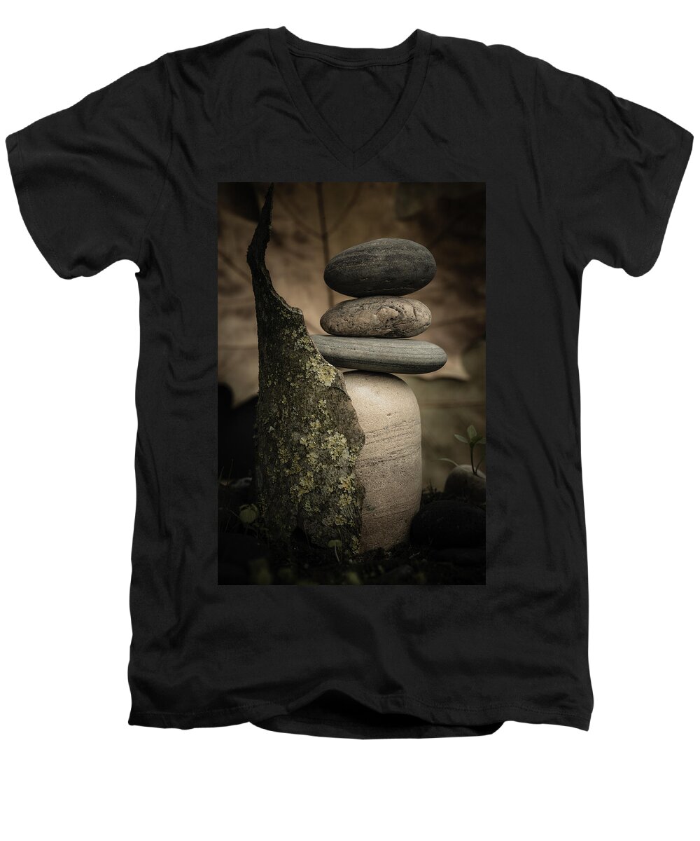 Cairns Men's V-Neck T-Shirt featuring the photograph Stone Cairns III by Marco Oliveira