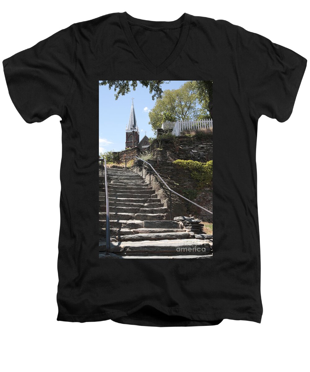 Civil War Men's V-Neck T-Shirt featuring the photograph Stone steps and Saint Peters Church at Harpers Ferry by William Kuta