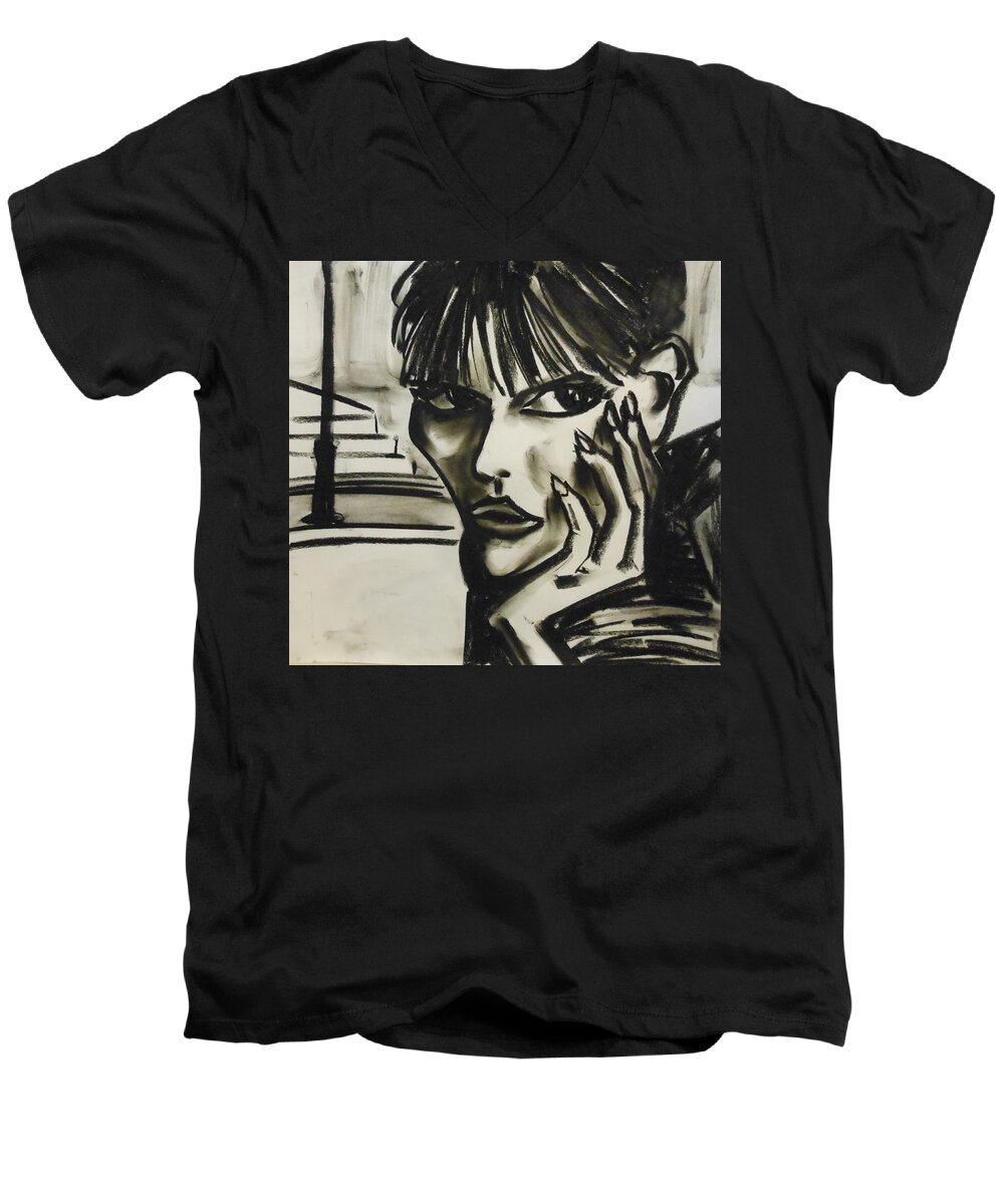 Charcoal Men's V-Neck T-Shirt featuring the drawing Streetwise by Jason Reinhardt