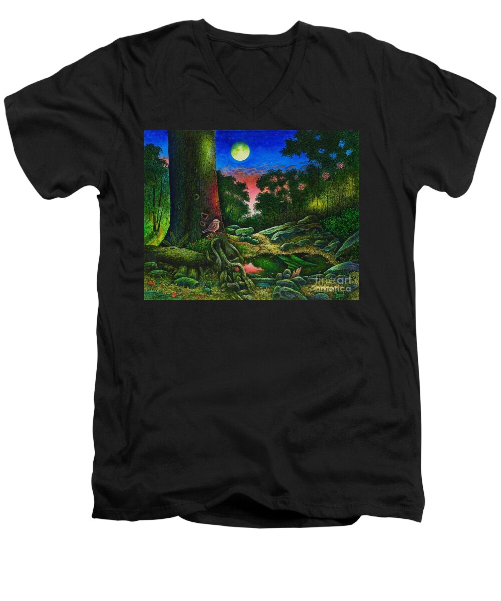Summer Men's V-Neck T-Shirt featuring the painting Summer Twilight in the Forest by Michael Frank