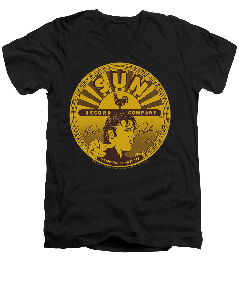 Sun Record Company Men's V-Neck T-Shirt featuring the digital art Sun - Elvis Full Sun Label by Brand A