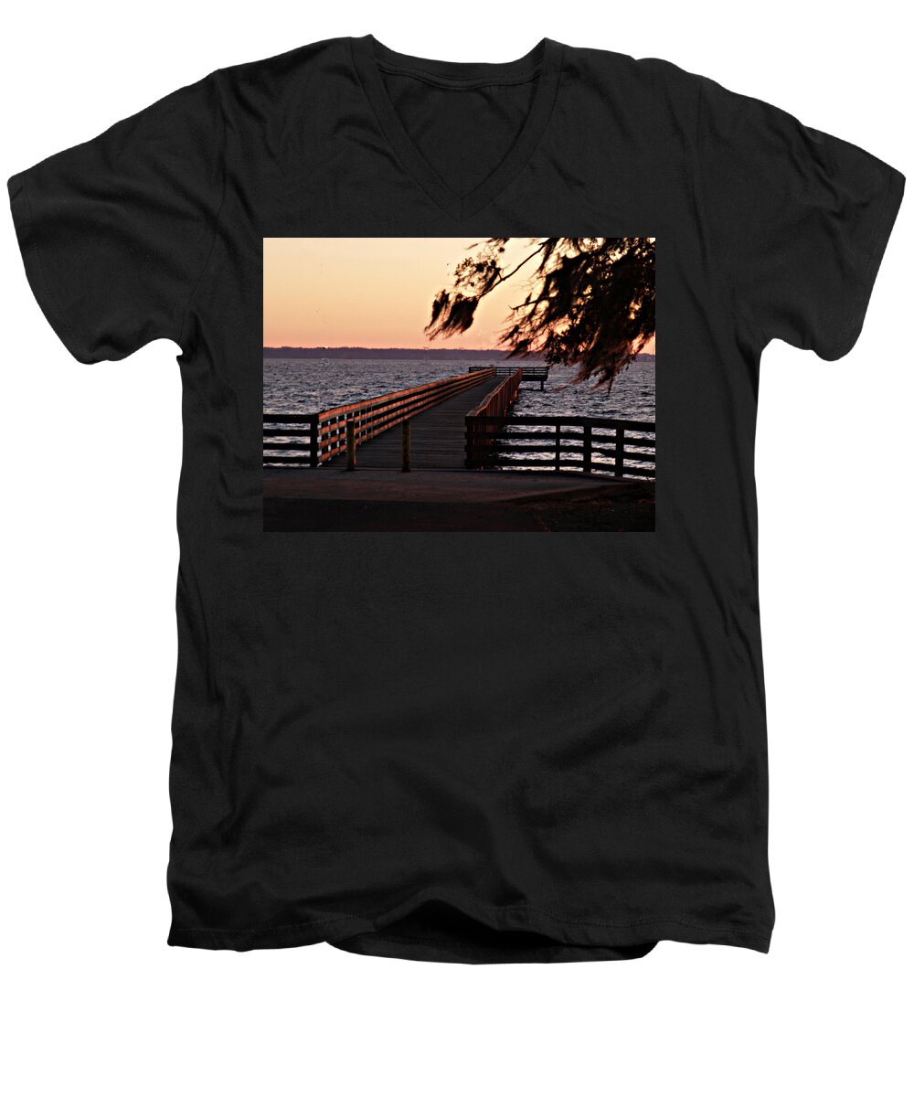 Dock Men's V-Neck T-Shirt featuring the photograph Sundown at Shands Dock by Bob Johnson