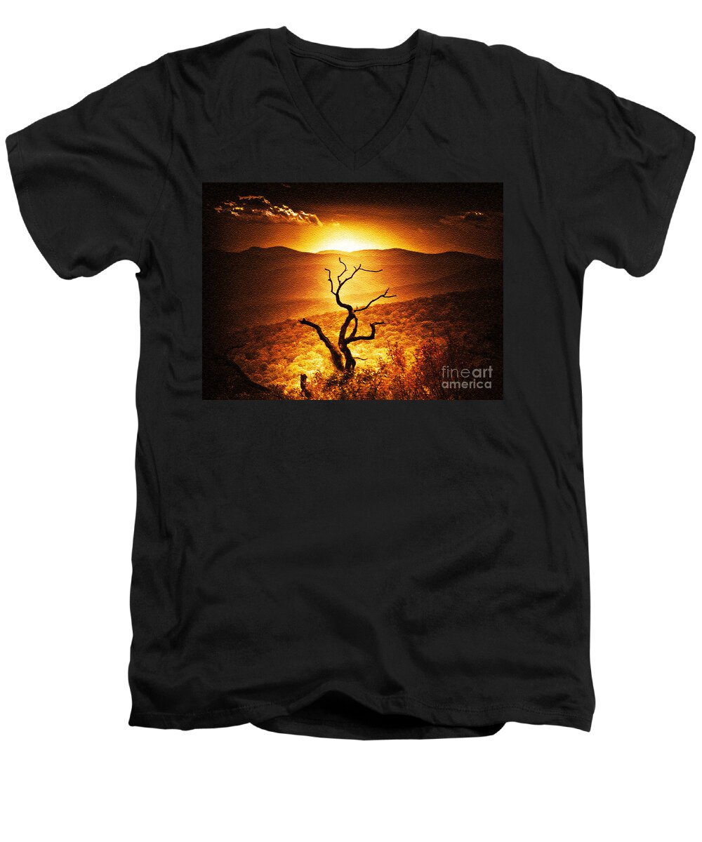 Mountains Men's V-Neck T-Shirt featuring the photograph Sundown In The Mountains by Lydia Holly