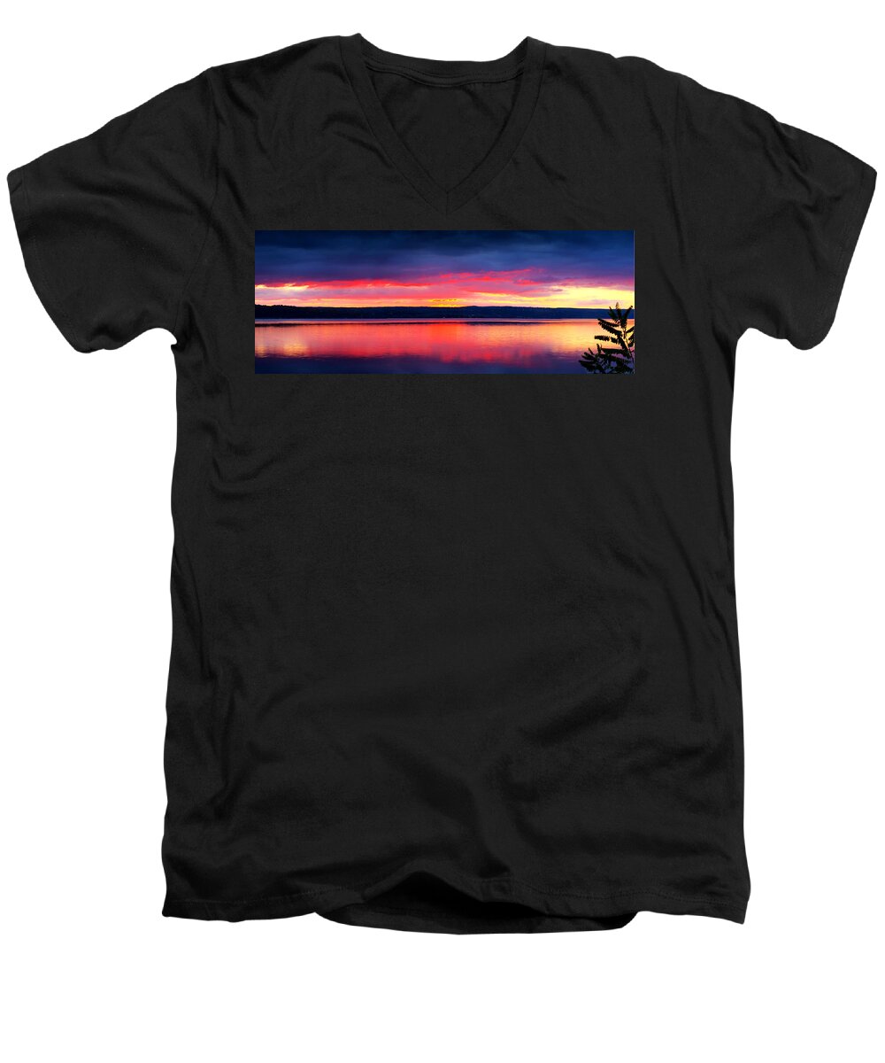 Lake Men's V-Neck T-Shirt featuring the photograph Sunrise in Cayuga Lake Ithaca New York Panoramic Photography by Paul Ge
