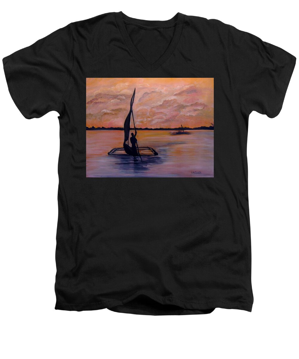 Orange Sunset Men's V-Neck T-Shirt featuring the painting Sunset on the Nile by Carol Allen Anfinsen