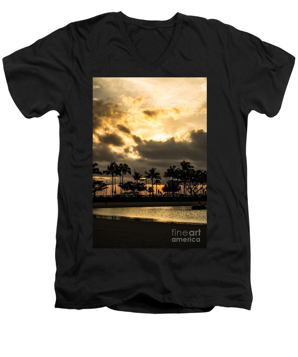 Hilton Men's V-Neck T-Shirt featuring the photograph Sunset over Waikiki by Angela DeFrias