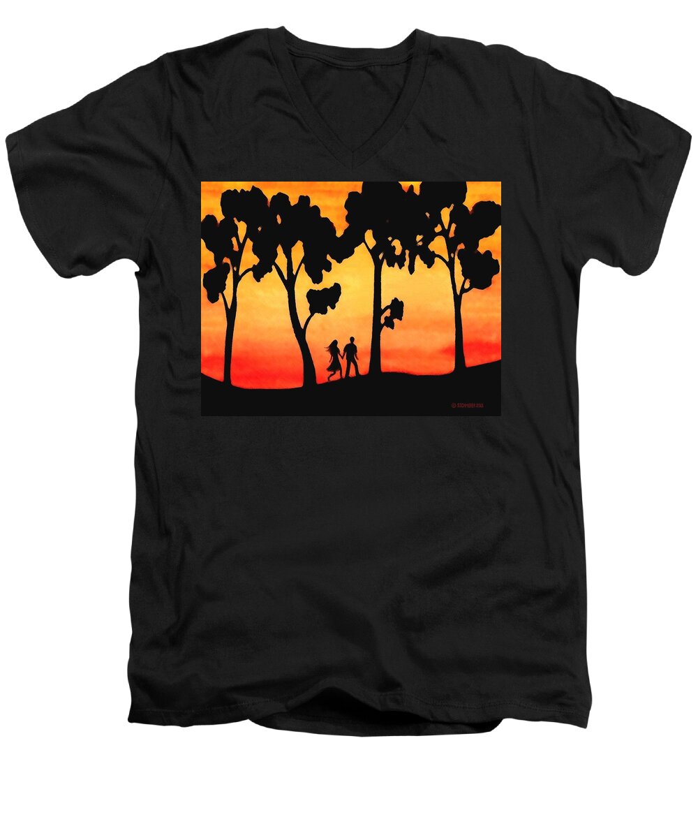 Sunset Men's V-Neck T-Shirt featuring the painting Sunset Walk by SophiaArt Gallery