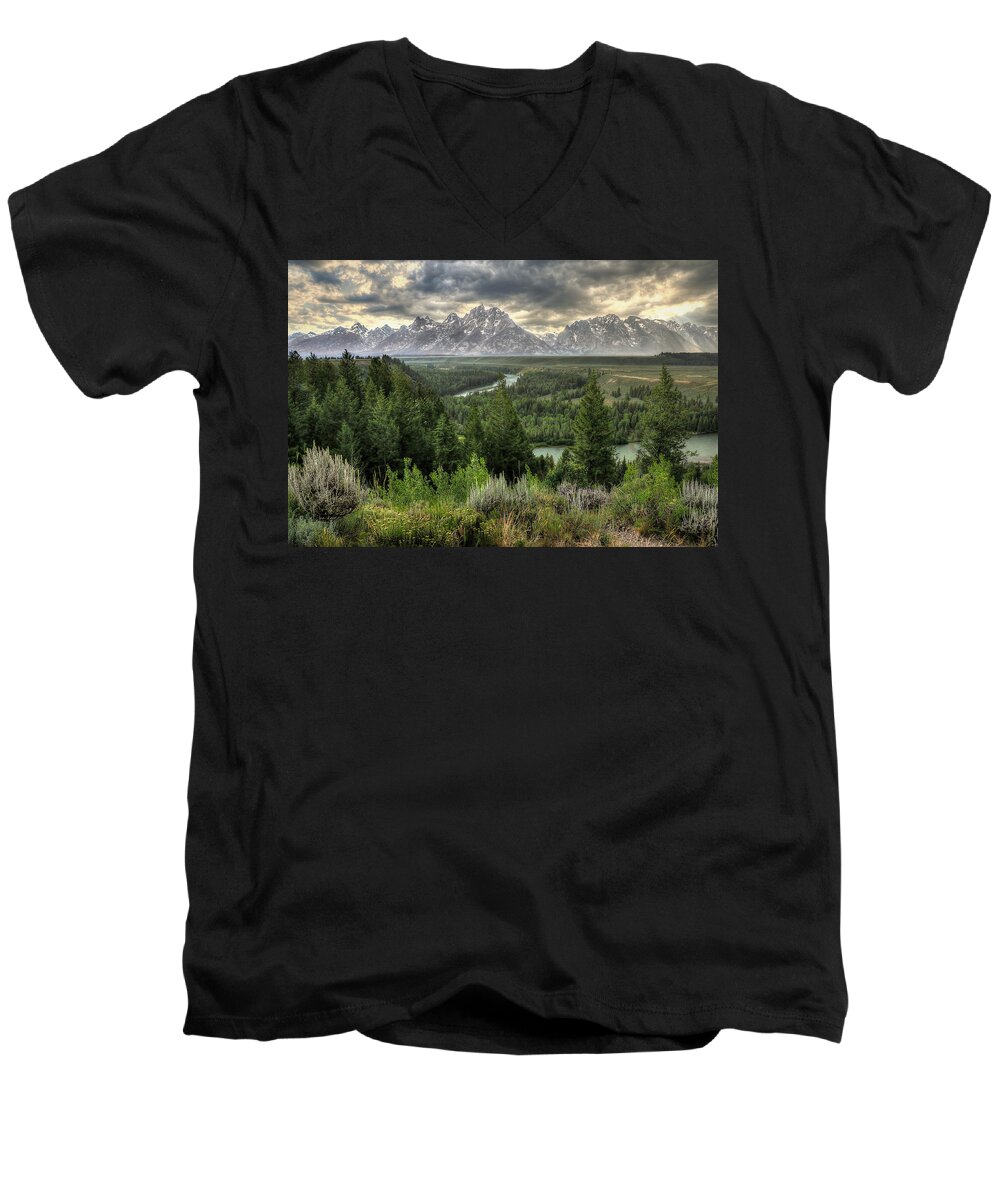 Tetons Men's V-Neck T-Shirt featuring the photograph Sunstorm by Ryan Smith