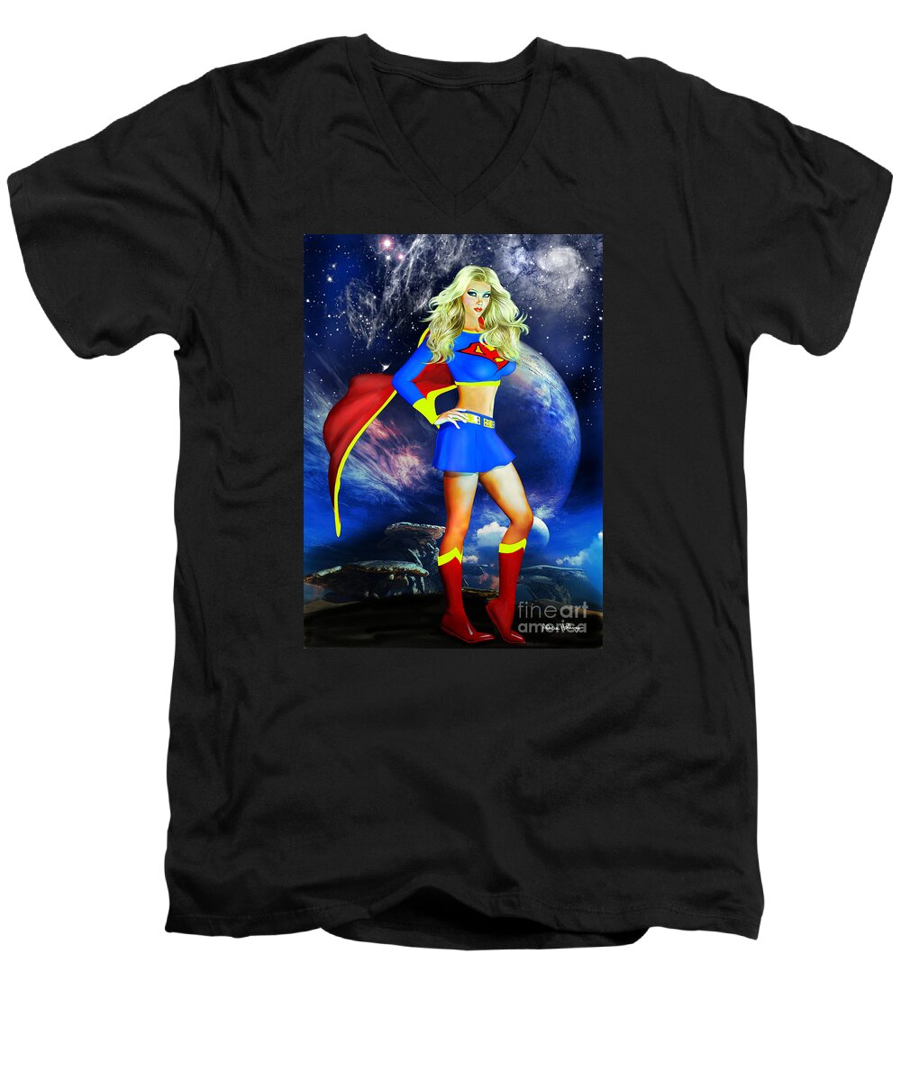 Supergirl Men's V-Neck T-Shirt featuring the digital art Supergirl by Alicia Hollinger