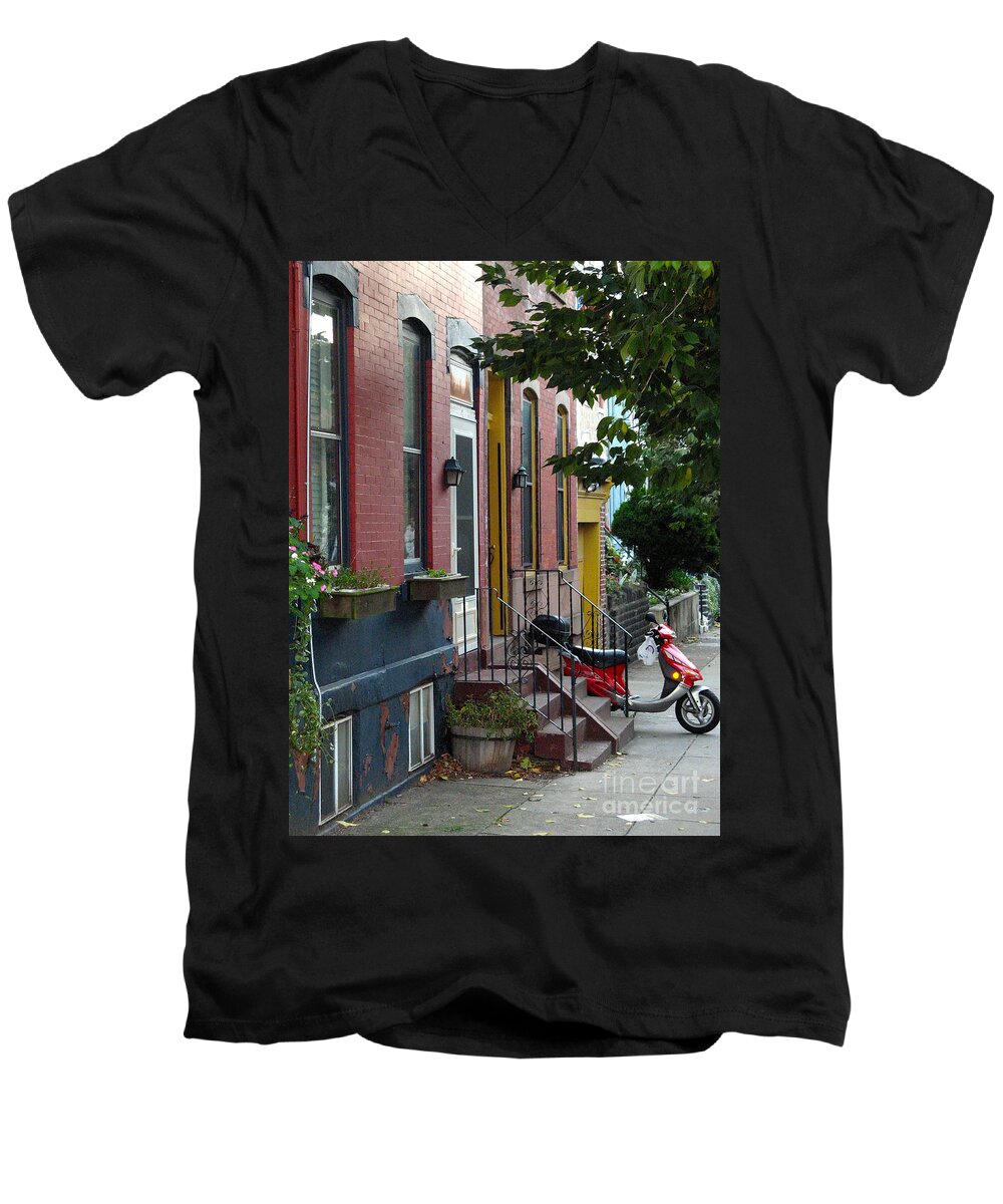 Motor Scooter Men's V-Neck T-Shirt featuring the photograph Swain Street by Christopher Plummer