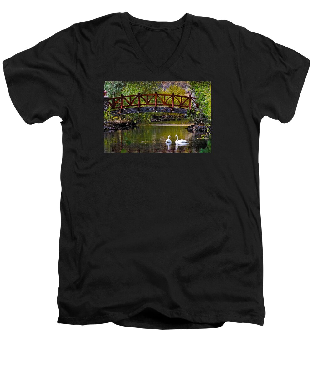 Swans Men's V-Neck T-Shirt featuring the photograph Swans at Caughlin Ranch II by Janis Knight