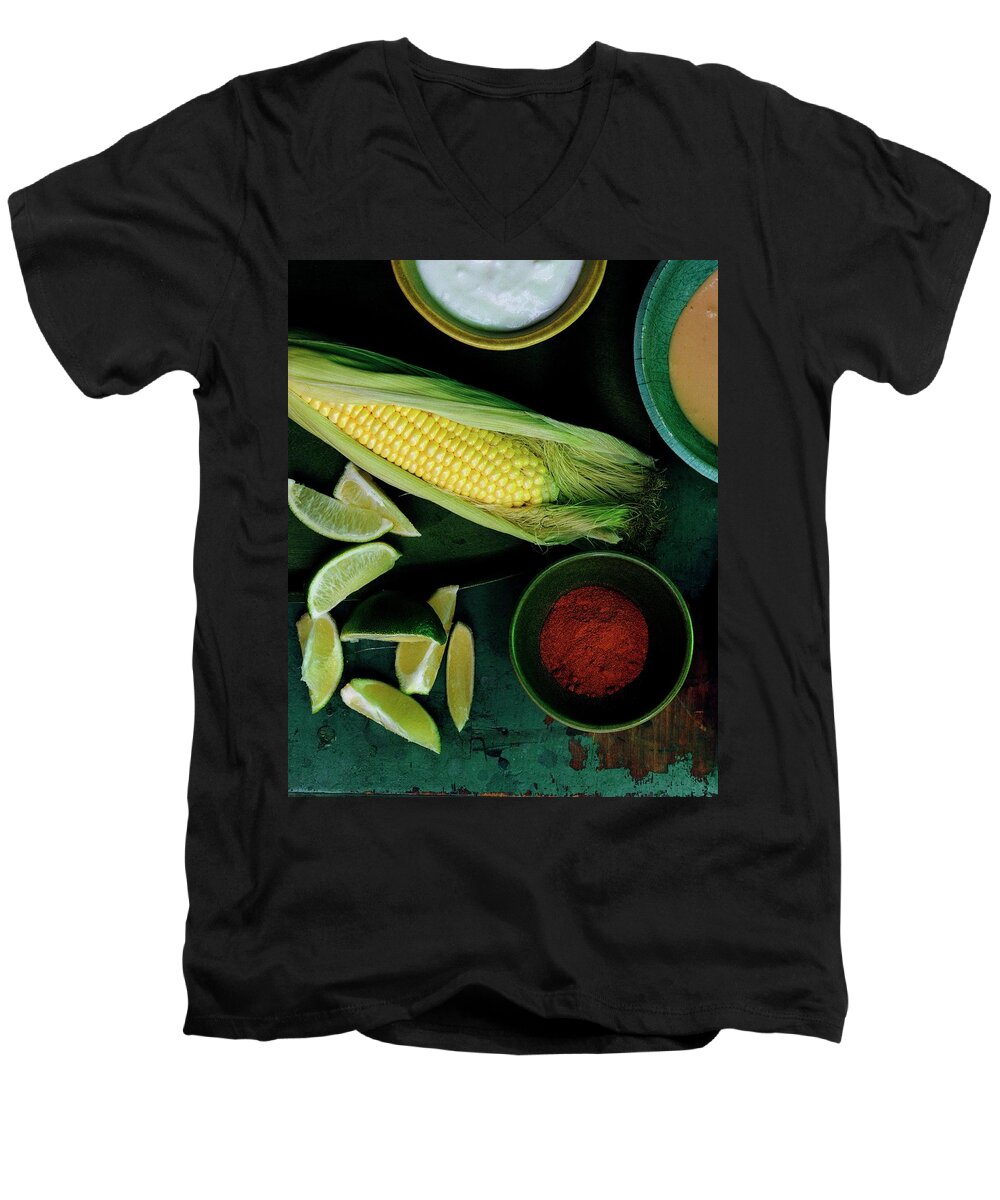 Fruitsvegetablesnobodystudio Shotstill Lifefoodgrainlimefruithealthy Eatingspiceview From Abovefreshready-to-eatprepared Foodcayennesaltmineralcorn On The Cobmayonnaisesalt #condenastgourmetphotograph September 1st 2006 Men's V-Neck T-Shirt featuring the photograph Sweetcorn And Limes by Romulo Yanes