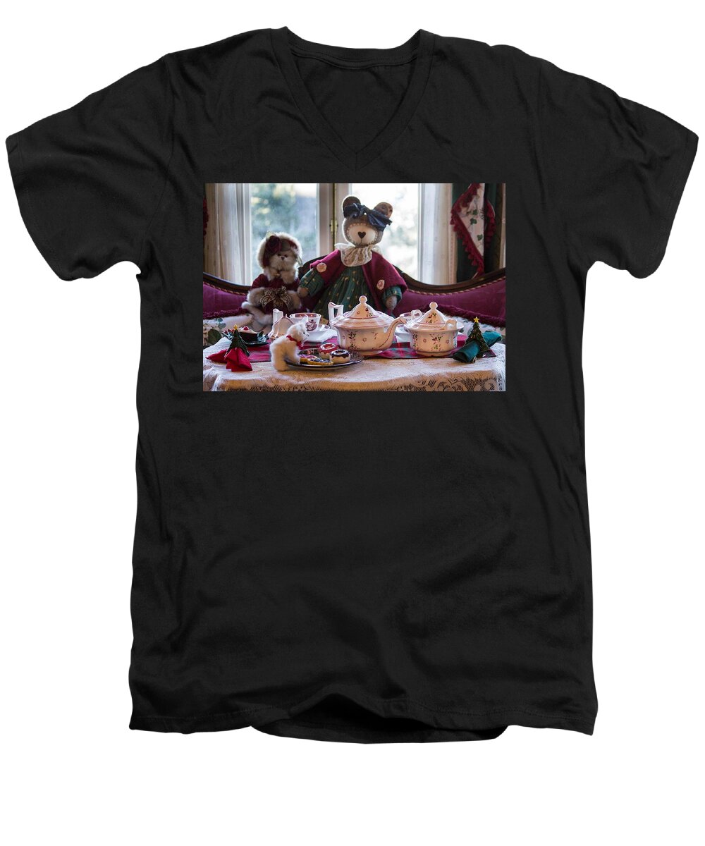 Teddy Bear Men's V-Neck T-Shirt featuring the photograph Teddy Bear Tea Party by Patricia Babbitt
