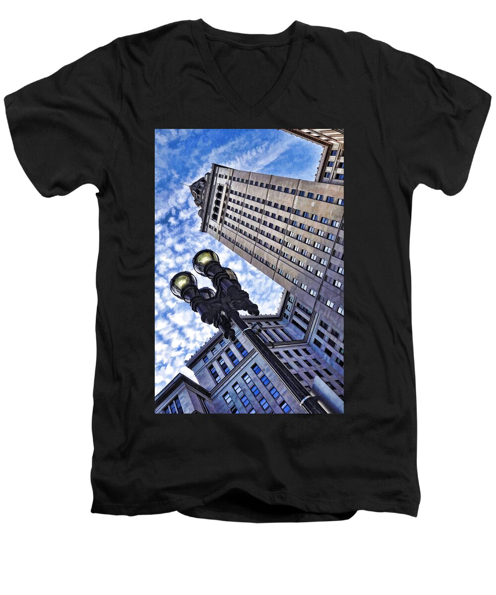 Terminal Tower Men's V-Neck T-Shirt featuring the photograph Terminal Tower - Cleveland Ohio - 1 by Mark Madere