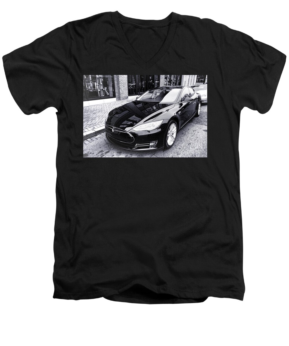 Tesla Men's V-Neck T-Shirt featuring the photograph Tesla Model S by Olivier Le Queinec