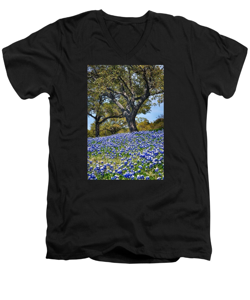 Best Texas Landscape Men's V-Neck T-Shirt featuring the photograph Texas Bluebonnet Hill in Austin by Kristina Deane