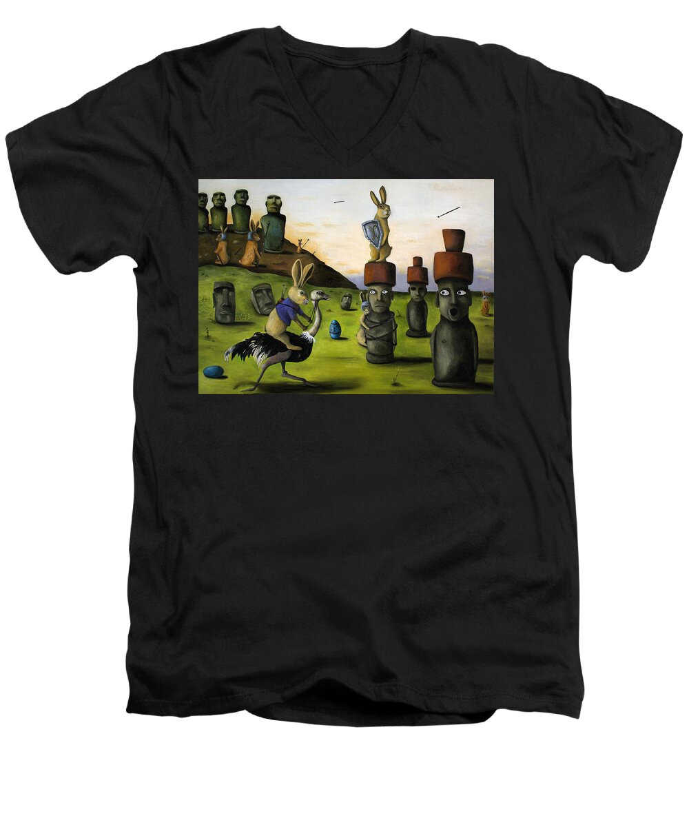  Bunny Men's V-Neck T-Shirt featuring the painting The Battle Over Easter Island by Leah Saulnier The Painting Maniac