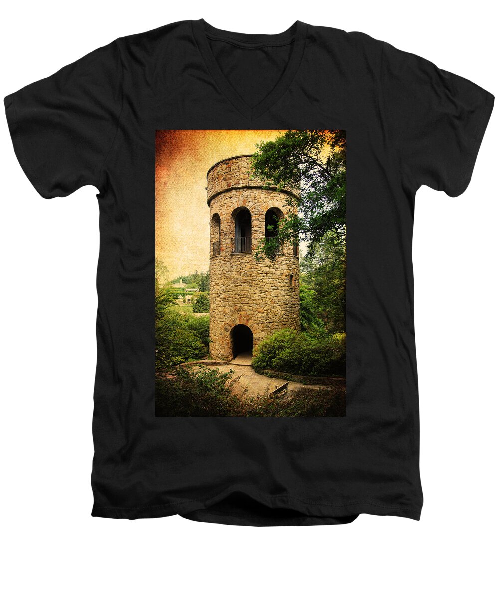 Gardens Men's V-Neck T-Shirt featuring the digital art The Chimes Tower by Trina Ansel