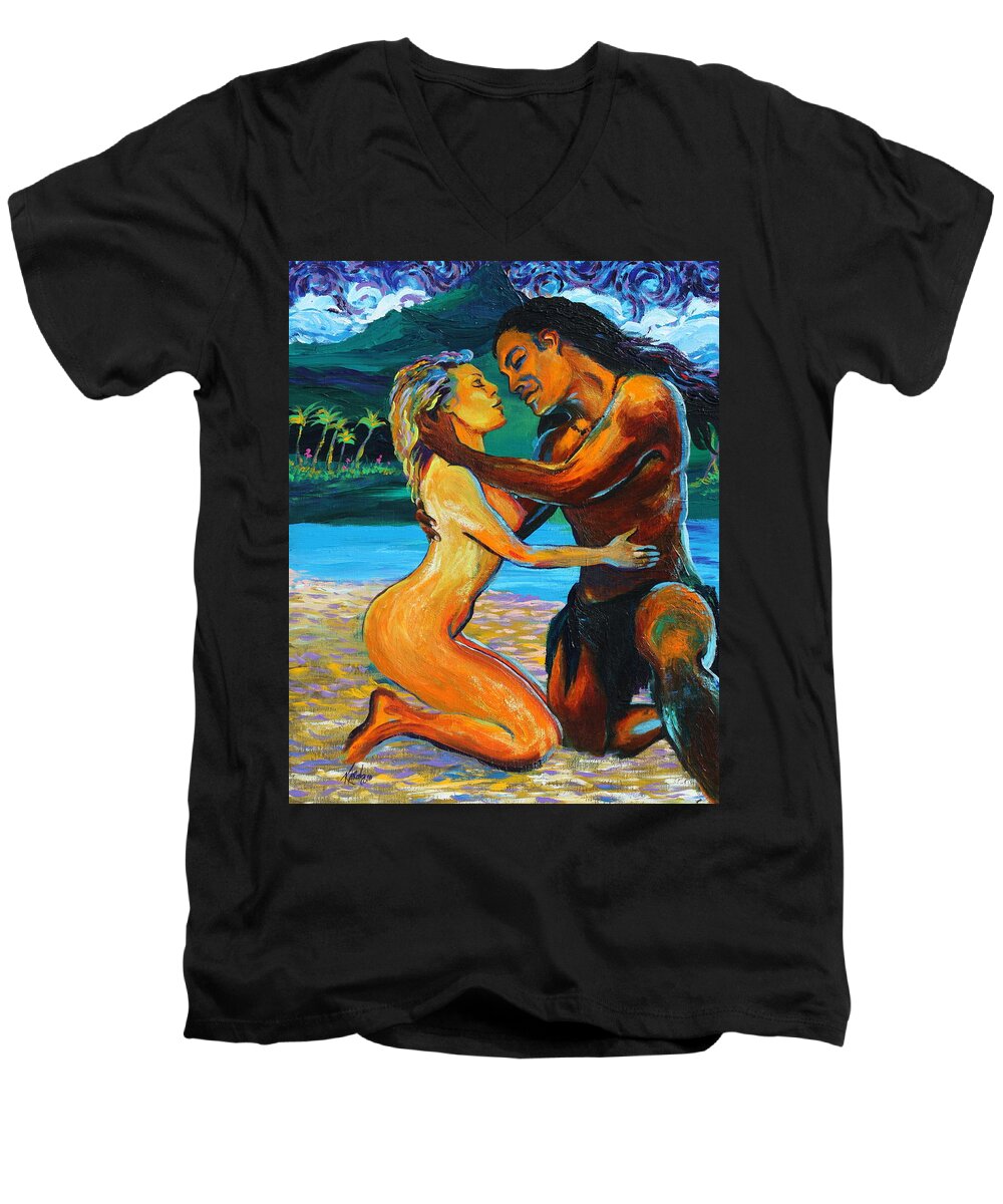 Nude Men's V-Neck T-Shirt featuring the painting The First Kiss by Karon Melillo DeVega