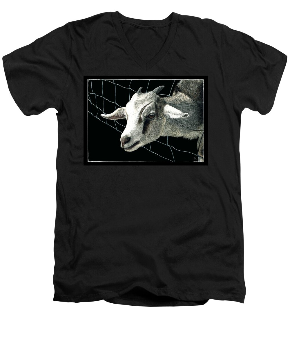 Goat Men's V-Neck T-Shirt featuring the drawing The Grass is Always Greener by Ann Ranlett