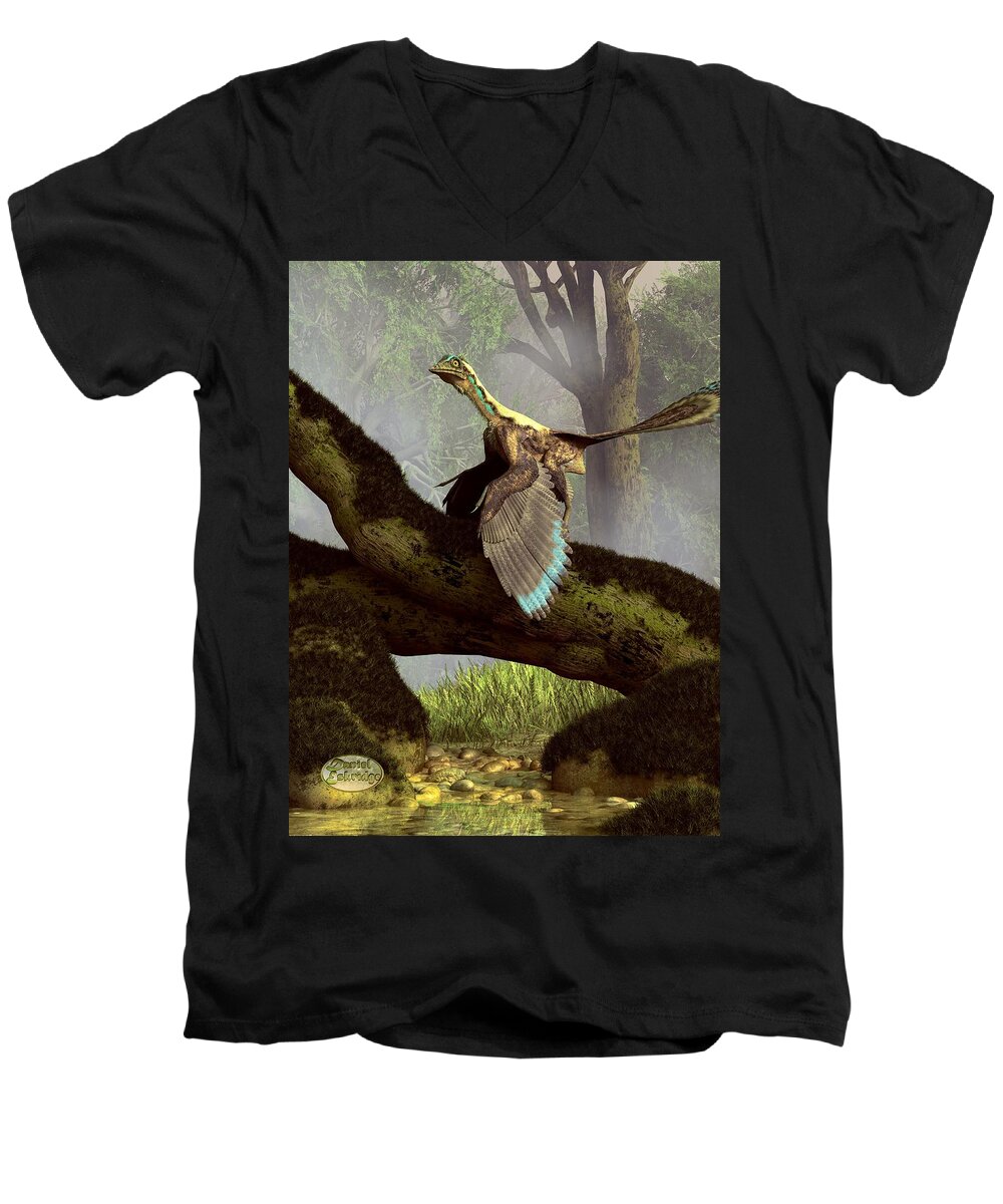 Archaeopteryx Men's V-Neck T-Shirt featuring the digital art The Last Dinosaur by Daniel Eskridge