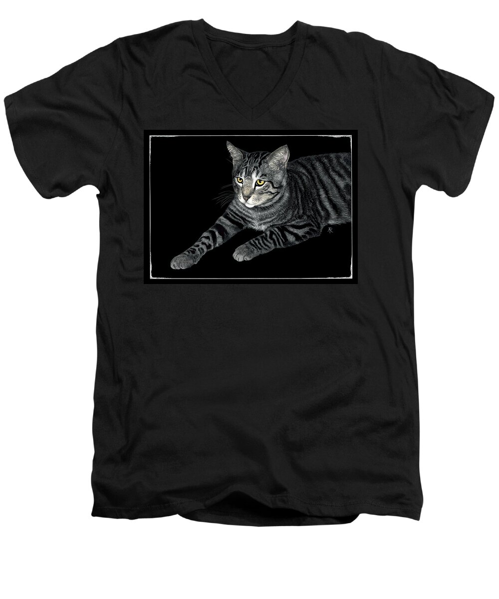 Cat Men's V-Neck T-Shirt featuring the drawing The Mouser by Ann Ranlett