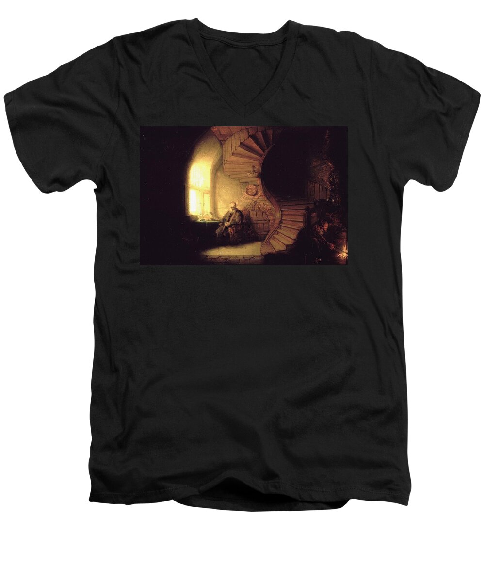 1632 Men's V-Neck T-Shirt featuring the painting The Philosopher in meditation by Rembrandt van Rijn