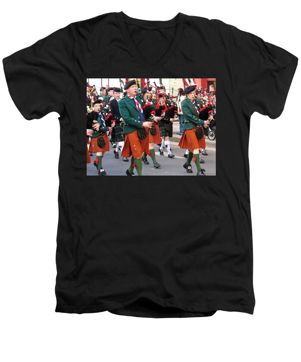Ireland Parade Men's V-Neck T-Shirt featuring the photograph The Pipers by Suzanne Oesterling