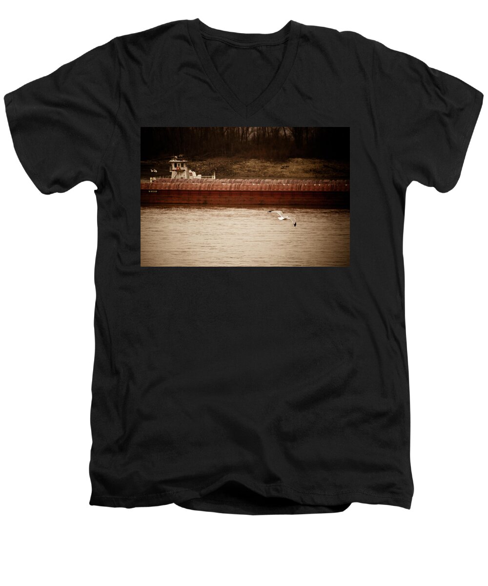 Mississippi River Men's V-Neck T-Shirt featuring the photograph The River Bird by Kristy Creighton
