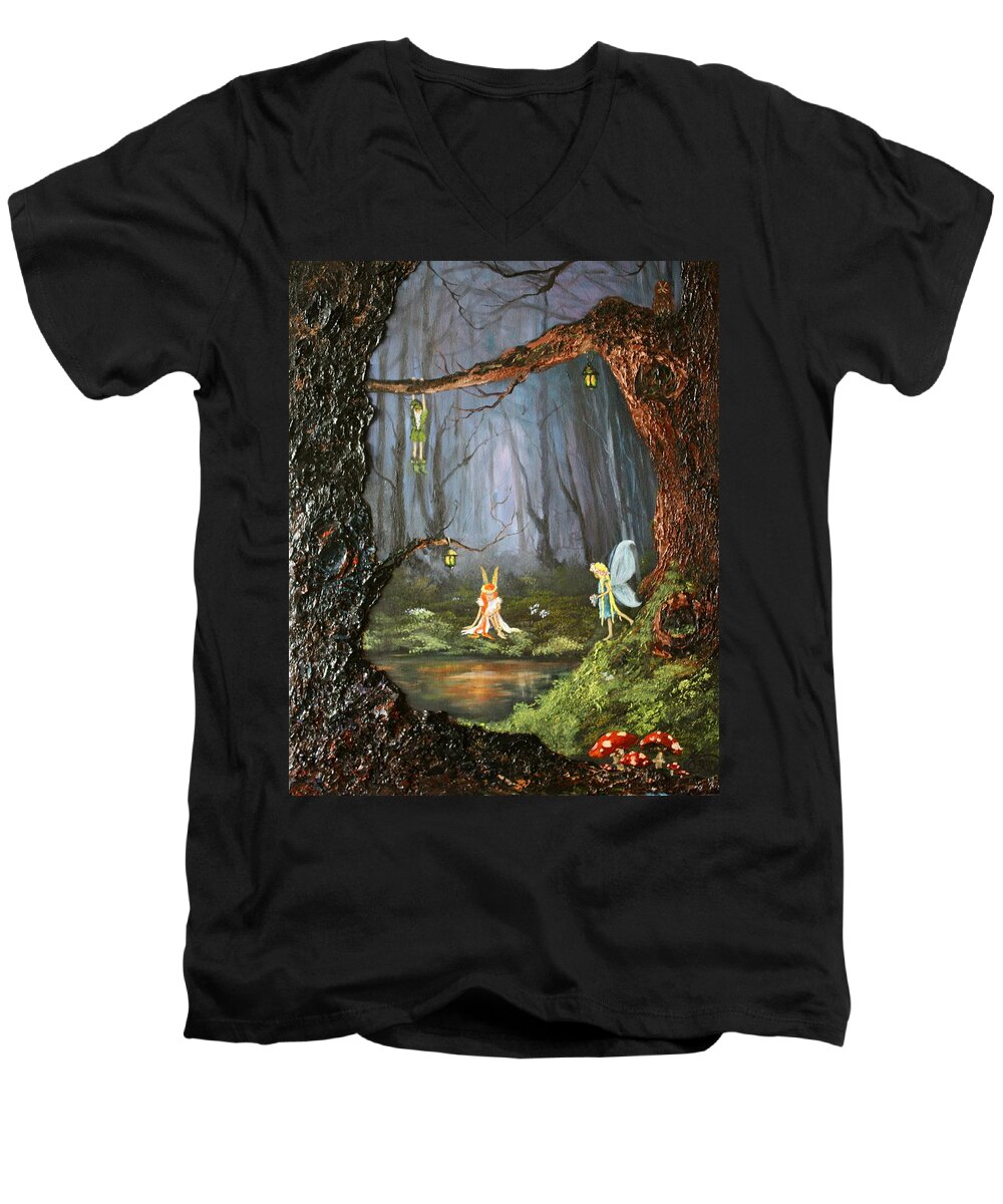 Fairies Men's V-Neck T-Shirt featuring the painting The Secret Forest by Jean Walker