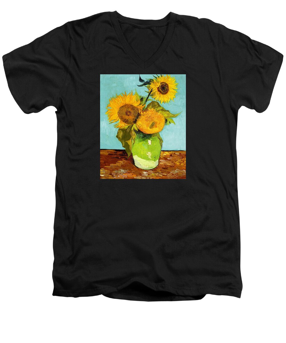 Van Gogh Men's V-Neck T-Shirt featuring the painting Three Sunflowers In A Vase by Vincent Van Gogh