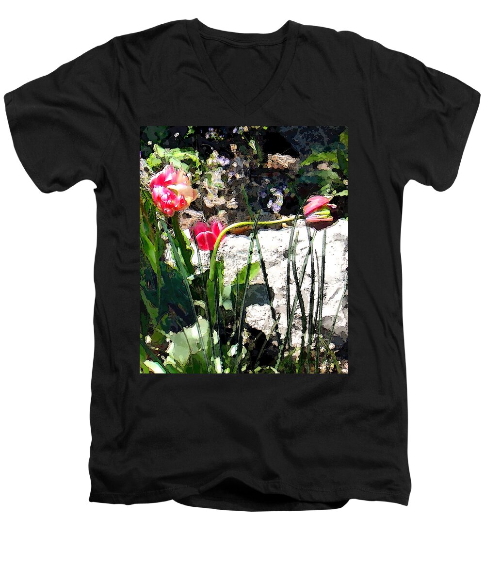 Tulips Men's V-Neck T-Shirt featuring the digital art Three Tulips by Steve Karol