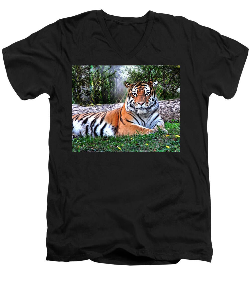 Tiger Men's V-Neck T-Shirt featuring the photograph Tiger 2 by Marty Koch
