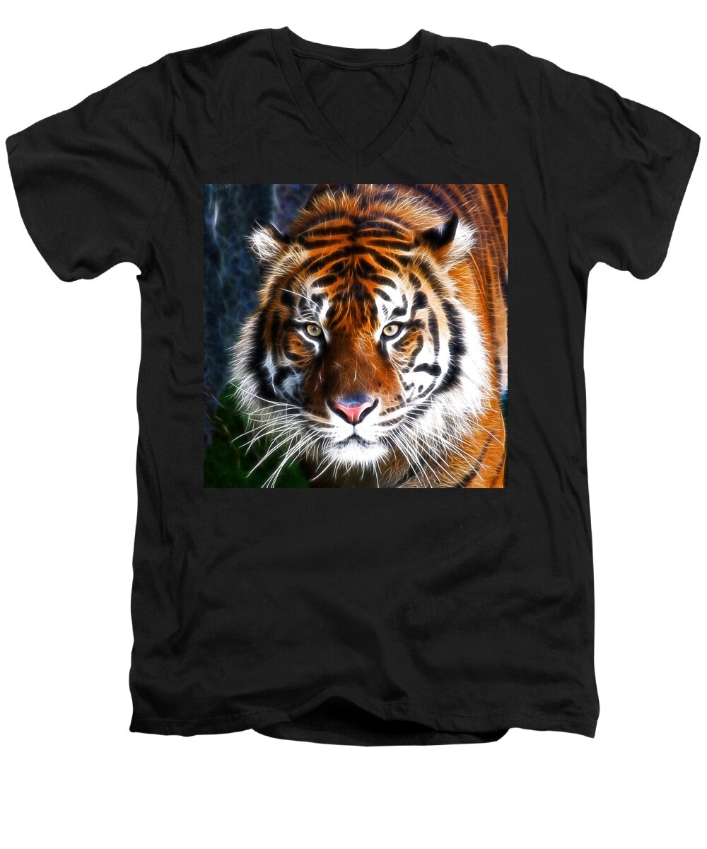 Wildlife Men's V-Neck T-Shirt featuring the photograph Tiger Close Up by Steve McKinzie