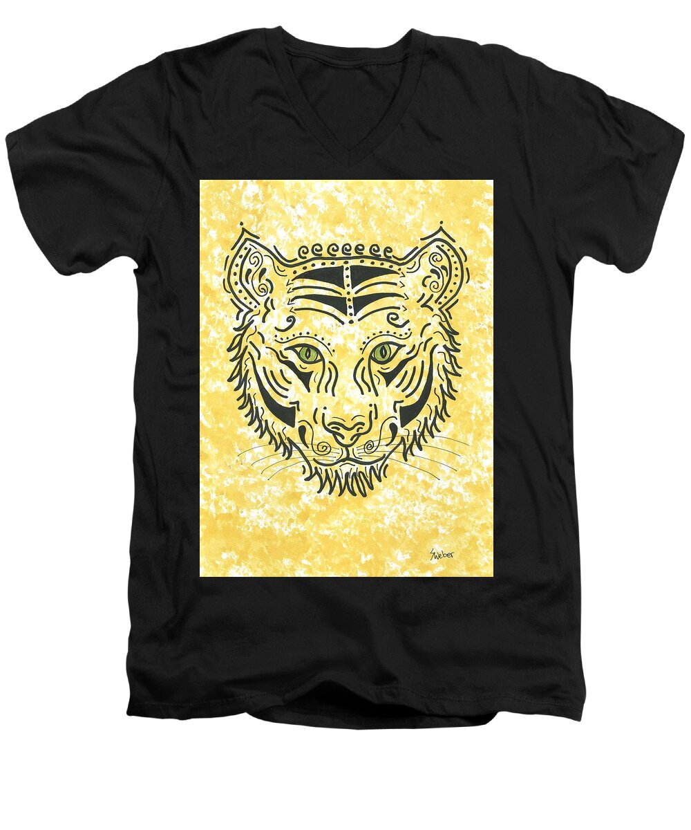 Tiger Men's V-Neck T-Shirt featuring the painting Tiger Eye by Susie WEBER