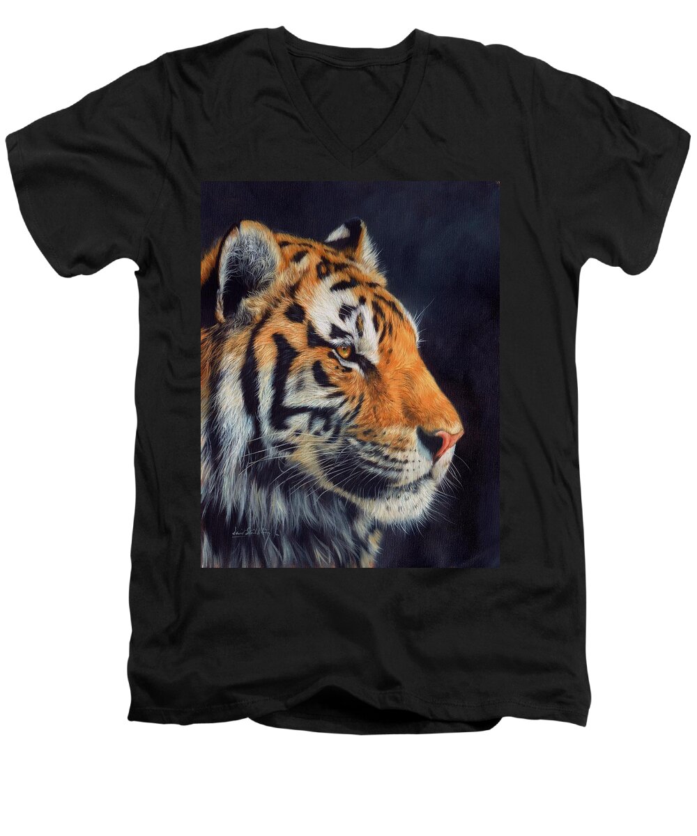Tiger Men's V-Neck T-Shirt featuring the painting Tiger profile by David Stribbling