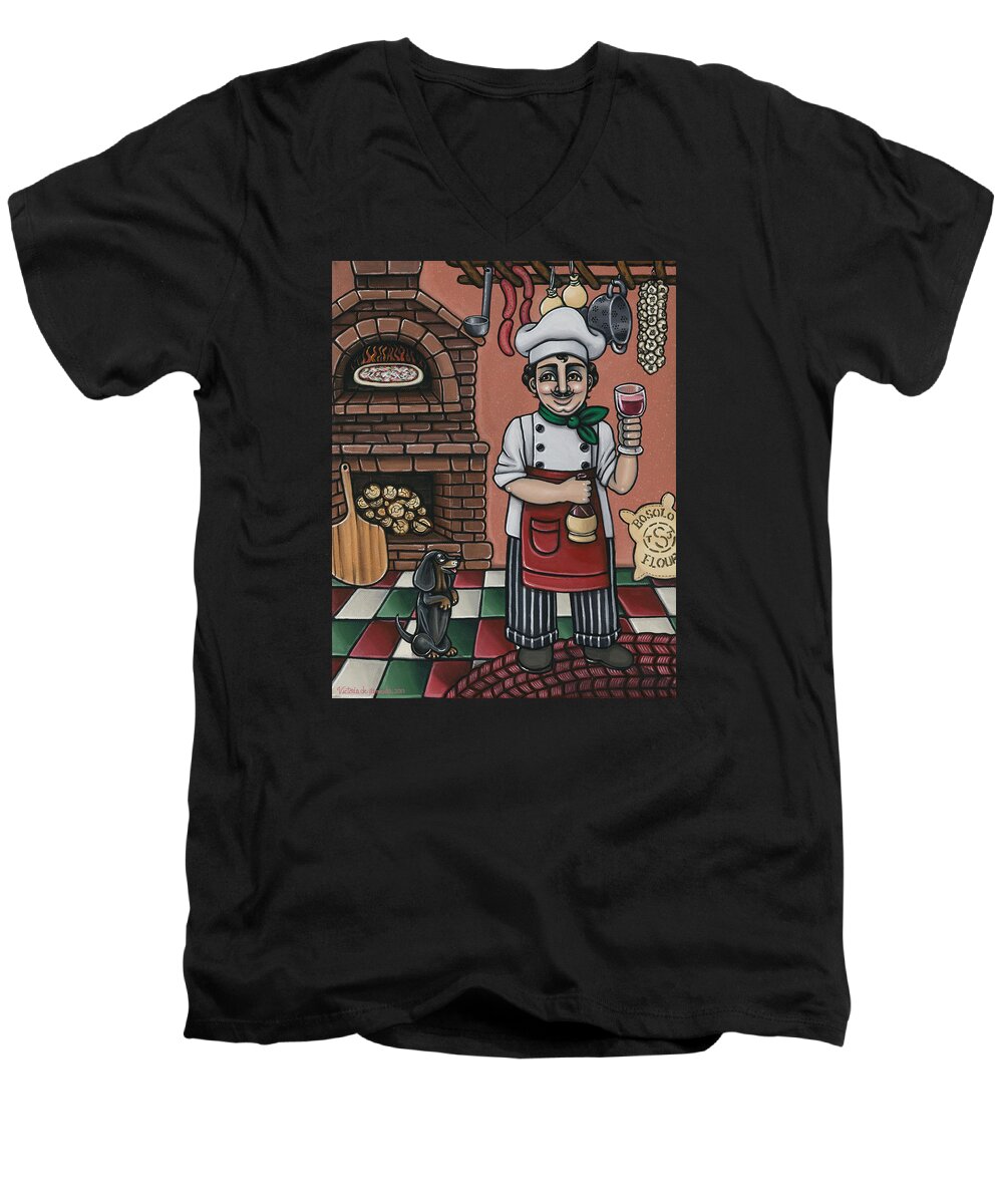Italy Men's V-Neck T-Shirt featuring the painting Tommys Italian Kitchen by Victoria De Almeida