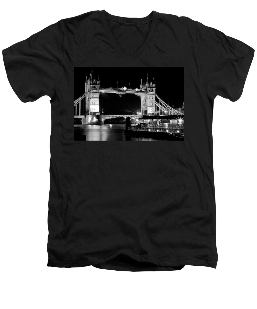 Tower Bridge Men's V-Neck T-Shirt featuring the photograph Tower Bridge at Night by Maj Seda